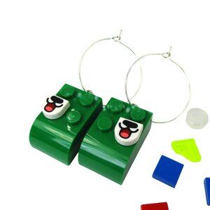 Green Lego Brick Happy Dog Hoop Earrings, Nickel Free, Sterling Silver Plated